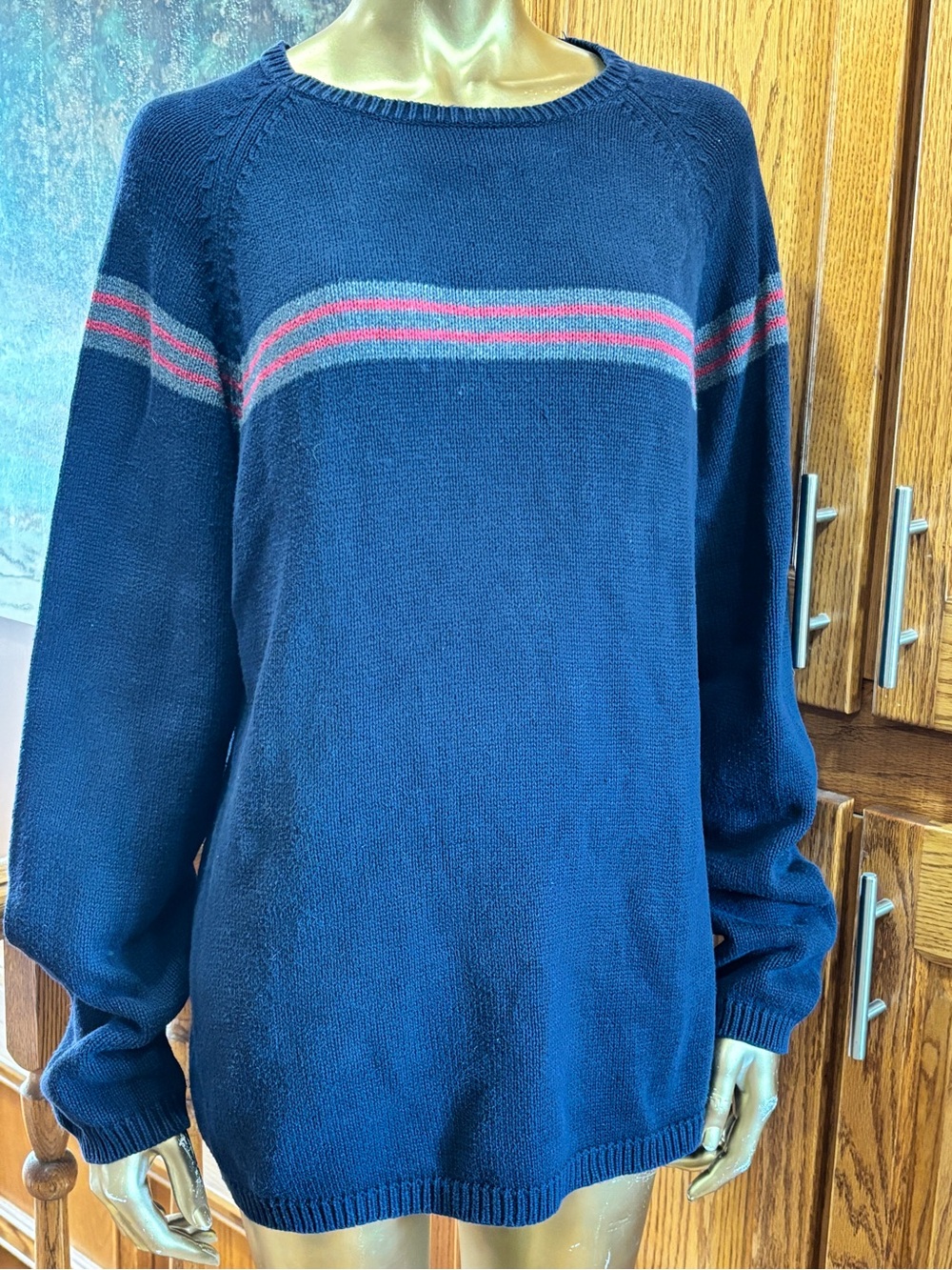 Men's Navy Crewneck Sweater with Red and Gray Stripe Detail